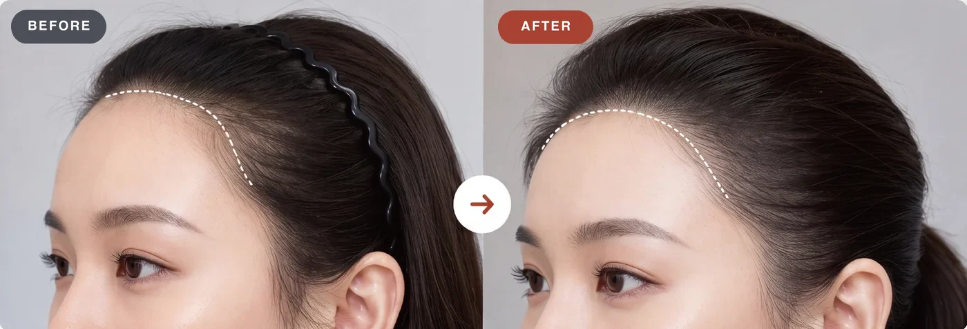 Design illustration: hairline before treatment and the new hairline after