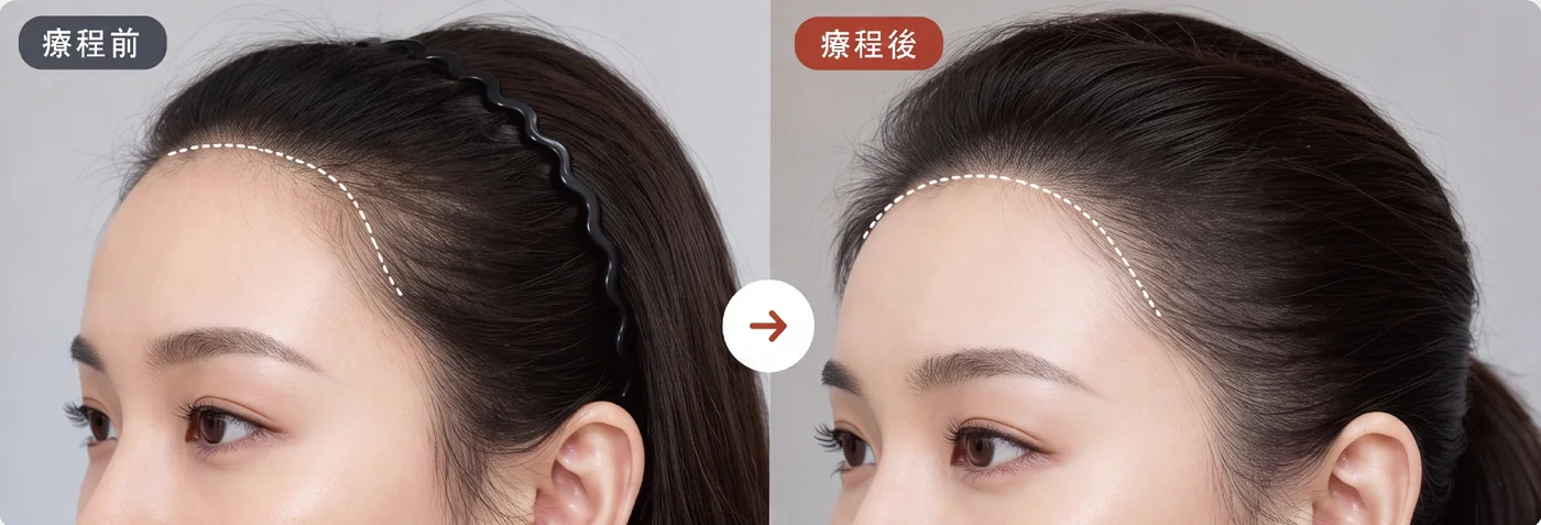 設計示意:療程前的髮際線與療程後的新髮線