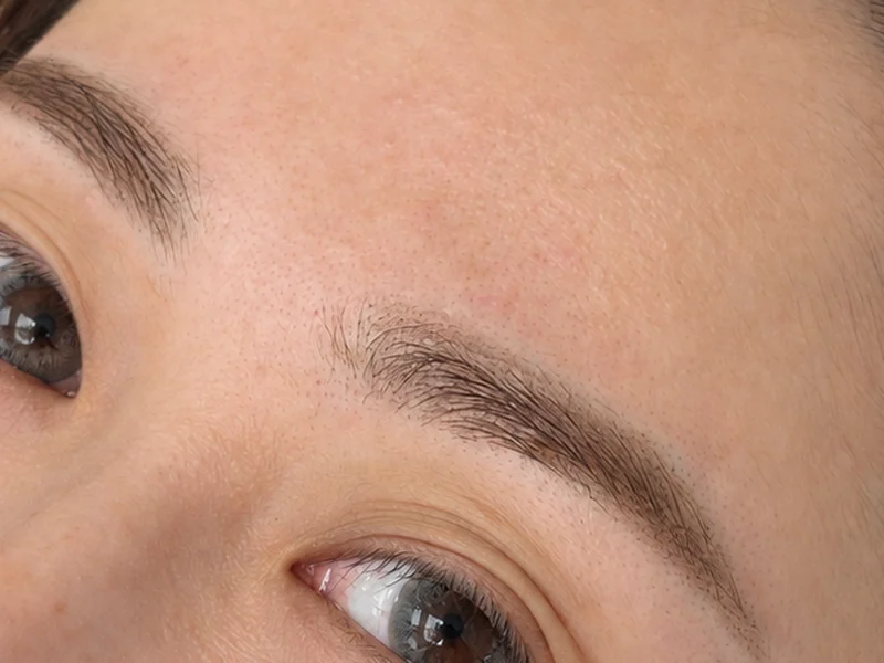 Brow close-up: arch and hair flow
