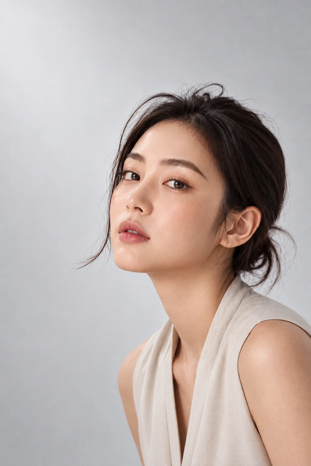 A model glancing back over her shoulder, with natural brows and hairline