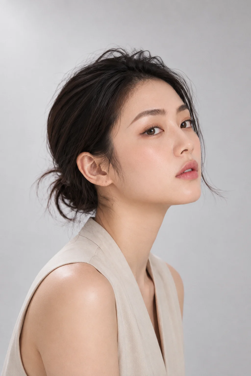 A model in profile, with a clean hairline and temples
