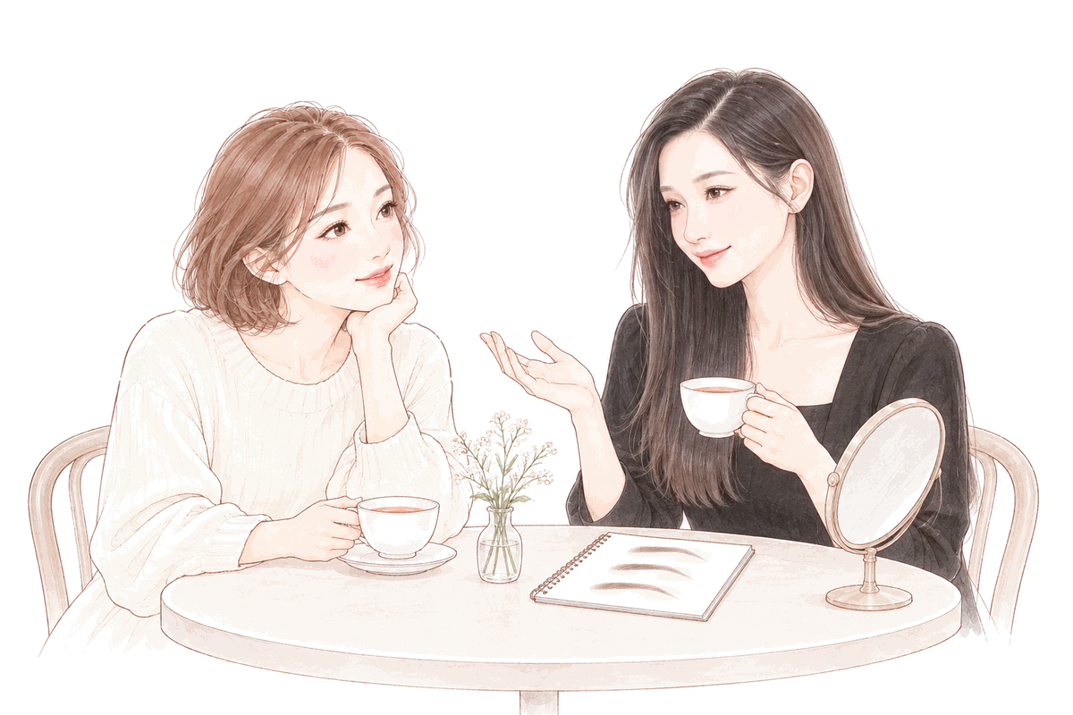 Illustration: Iris chatting with a client over tea