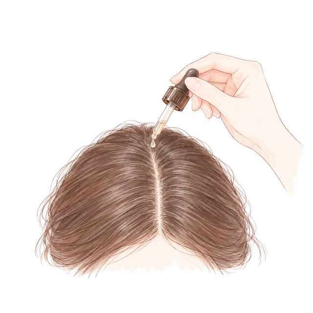 Illustration: on 90% dry hair, drops onto the scalp