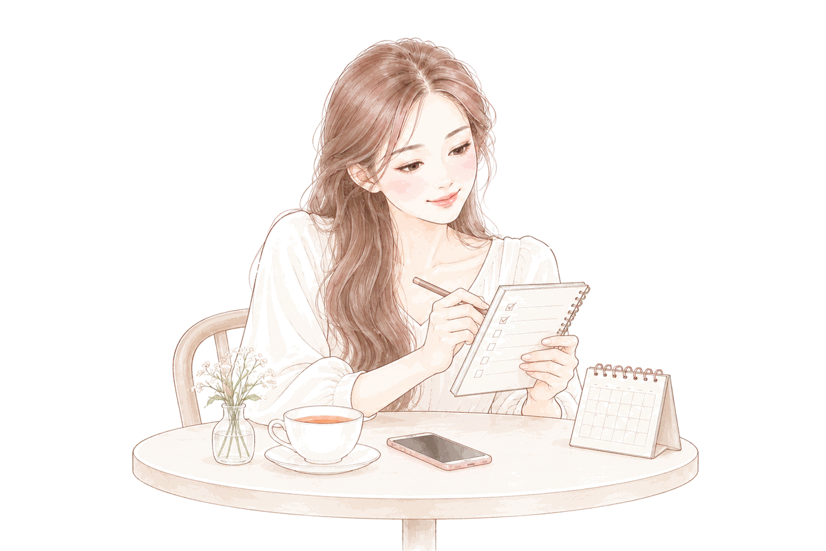 Illustration: a woman at a café ticking off a checklist